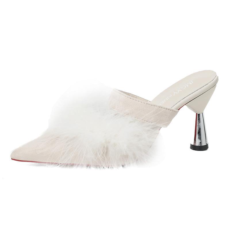 Утренние тапочки на тонком каблуке с высоким каблуком, маленькие размеры, пушистые, прохладные, женские, полудлинные, летние, универсальные, с острым носком, для невесты, осень