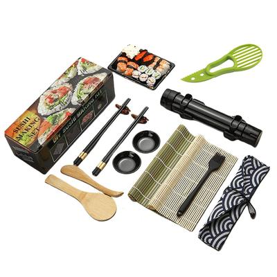 Набор для приготовления суши из 14 предметов с натуральным бамбуковым ковриком, базукой для суши, бамбуковыми палочками и соусницей для начинающих (черный)