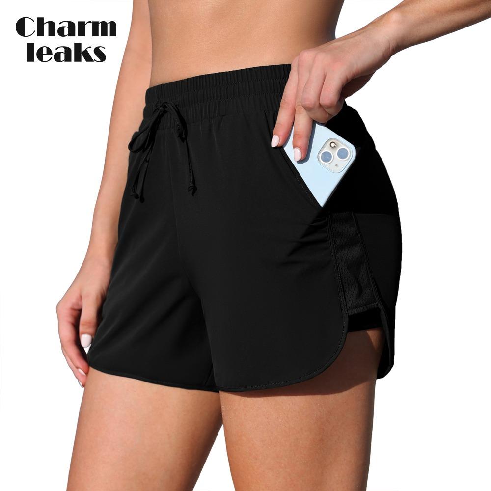 CHARMLEAKS Swim Shorts Women High Waisted Swim Bottom Tummy Control Board Shorts with Pockets Liner
