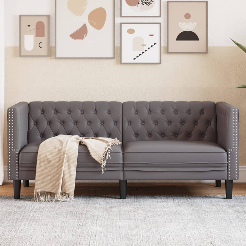 Vidaxl Sofa Chesterfield, 2-Os., Szara, Tapicerowana Sztuczną Skórą