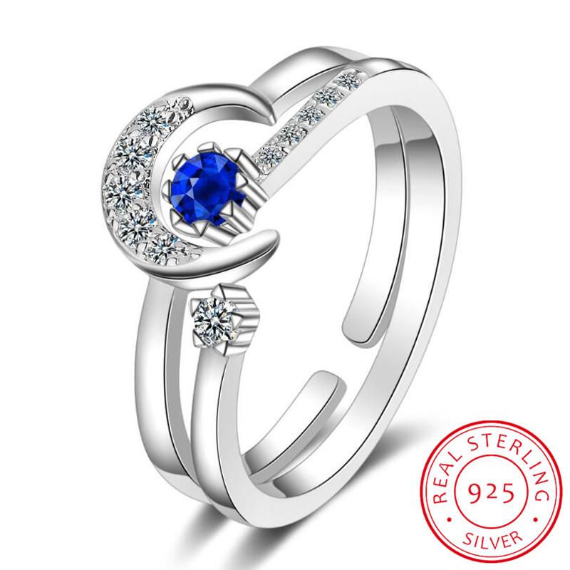 925 Sterling Silver Fashion Moon Star Open Finger Ring With Blue Zircon Embellished Jewelry For Women Wedding Party Gifts