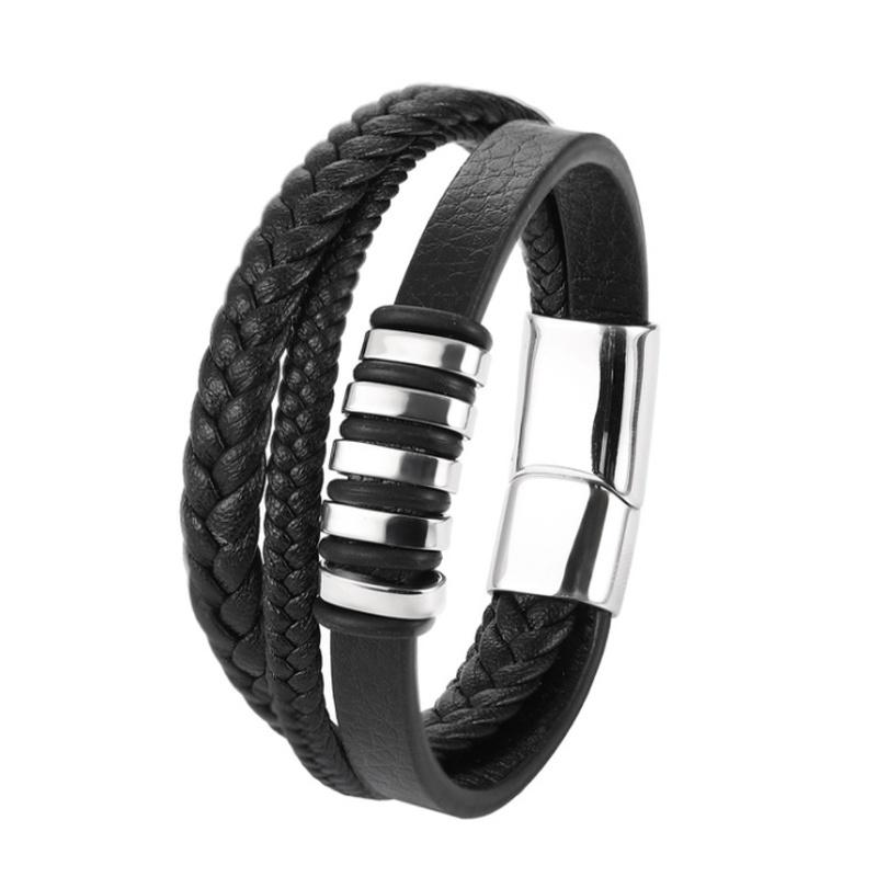Fashion Classic Black Leather Braided Magnetic Buckle Bracelets for Men's Trendy Charm Casual Party Jewelry Gift