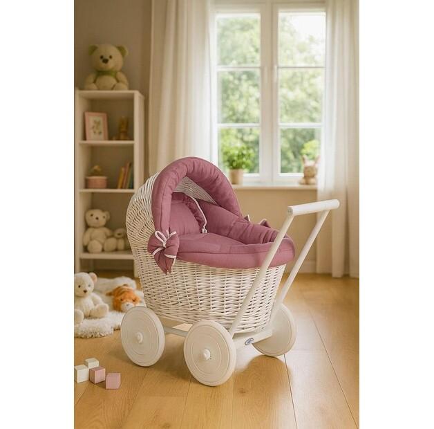 Коляска для кукол Sweet Baby Плетеная Прогулочная Белая с постельным набором Розовый Ретро и Мягкой подкладкой Stella