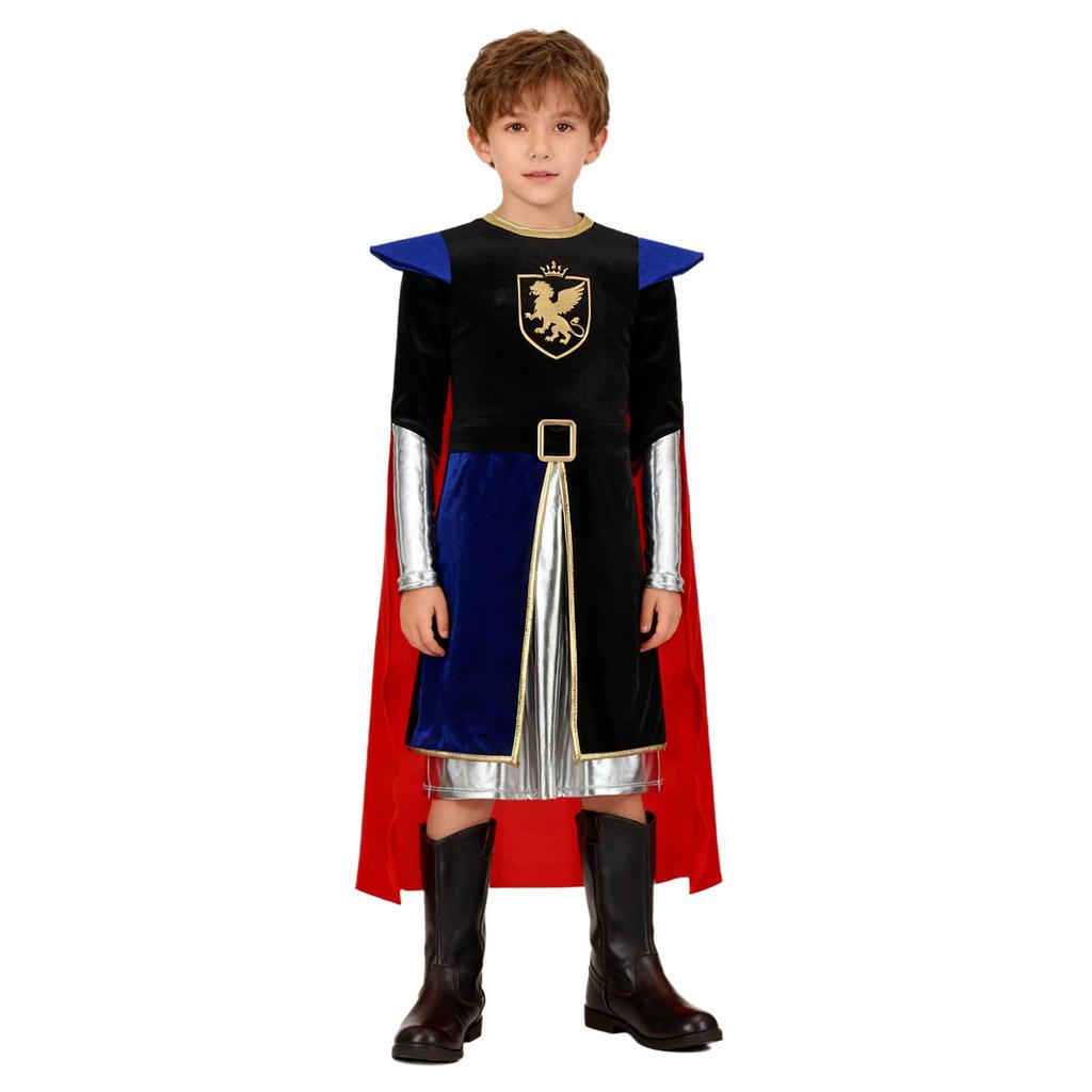 Boys Knight Costume Metallic Gloss Patchwork Top Back Invisible Zipper Long Sleeve Detachable Cape Cosplay Outfit