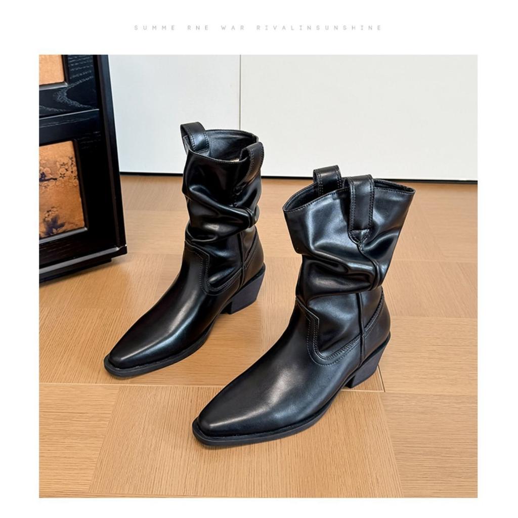 Large Size Short Boots, Wasteland Wind Rubbing, Pleated Piled Boots, New Retro Thick Heel Thigh Circumference Fat Mm Thick Leg Martin Boots