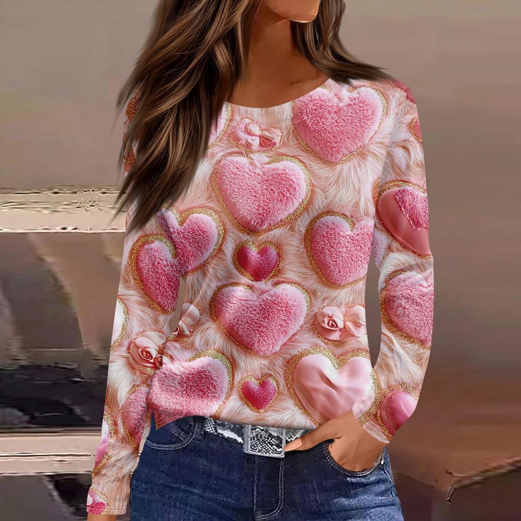 Women's Fashion Valentine's Day Printed Round Neck Casual  Long Sleeve Top
