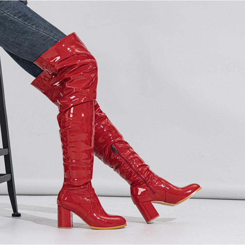 New Women's Long Boots Patent Leather Over The Knee Boots Sexy Womens Pumps Fashion Thick Heels Women Shoes Zlp Zapatos De Mujer