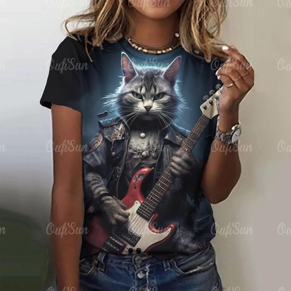 Summer Women's T-Shirt Rock Cat Printed Short Sleeve Female T-Shirt Hip Hop Fashion Couple Loose Street Style Y2k Tops Clothing
