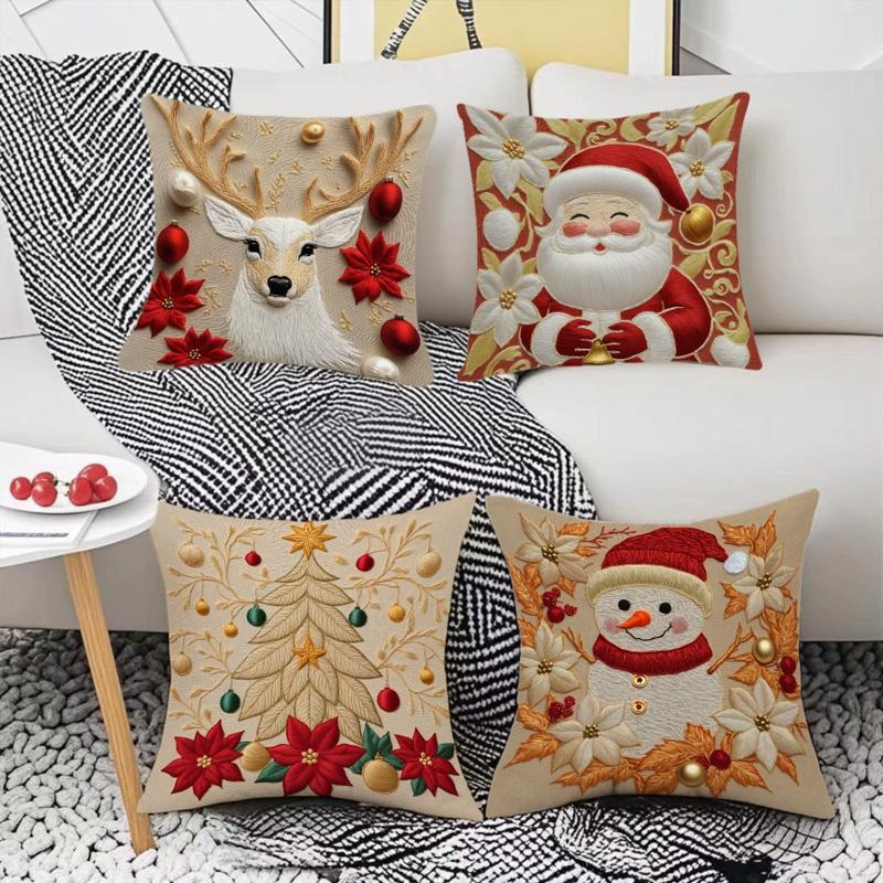 1/4pcs Cushion Cover New Year 2026 Linen Pillow Cases 45*45CM Pillowcase Single-Sided Excludes Inserts 2D Christmas Xmas Gifts