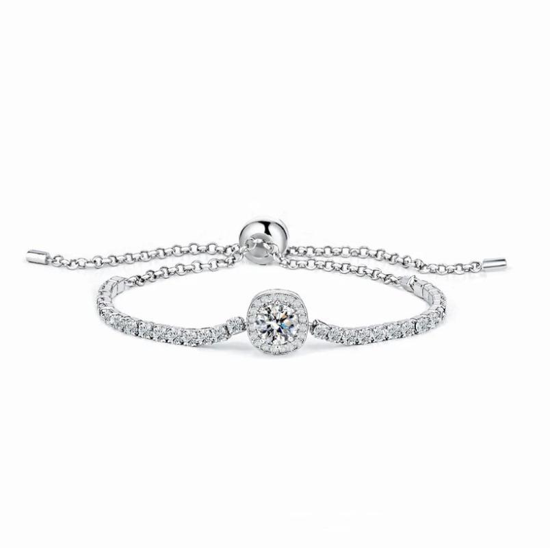 S925 Sterling Silver Moissanite Bracelet for Women, Starry Square Bag, One Carat Moissanite Pull-out Bracelet