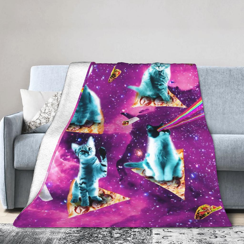 Outer Space Pizza Cat Rainbow Laser Eyes Blanket Flannel Winter Portable Soft Throw Blanket for Bedding