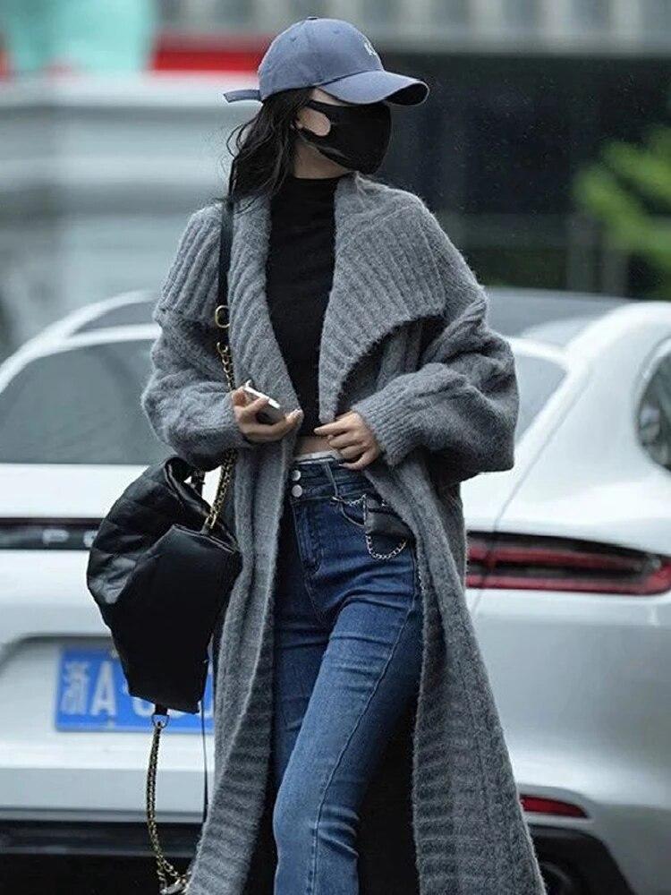 Длинный вязаный кардиган, женский элегантный свободный женский свитер с лацканами и длинными рукавами, пальто 2024, весенняя уличная женская верхняя одежда