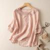 Women's Cotton Linen Embroidery Shirts Hollow Out Shirt with Half Sleeves Vintage Casual Summer Blouse for