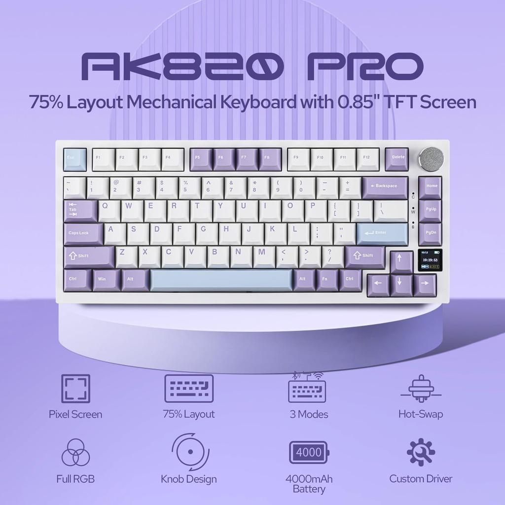EPOMAKER Ajazz AK820 Pro Gaming Keyboard Equipped with Gasket Mechanical Keyboard TFT Screen 3 Modes Wireless Equipped with Sound Deadening Foam 75%