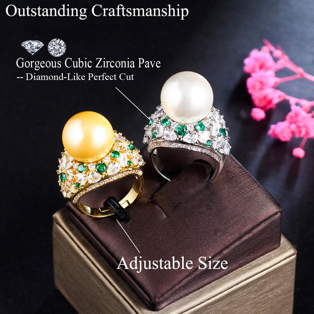 Ювелирные изделия CMM Регулируемый зеленый кубический цирконий большой искусственный жемчуг обручальные кольца для женщин CZ ювелирные изделия для свадебной вечеринки