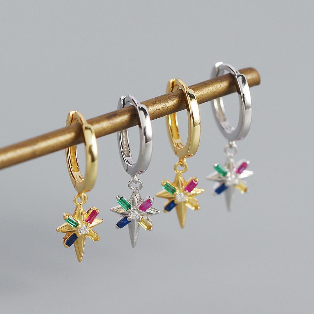 Женские серьги-кольца из серебра 925 пробы в стиле минимализма с восьмиконечной звездой и цветными бриллиантами, металлическая пряжка для ушей