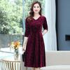Women's Velvet V-neck Dress Mother Dress Embossed Long-sleeved Slim Dress