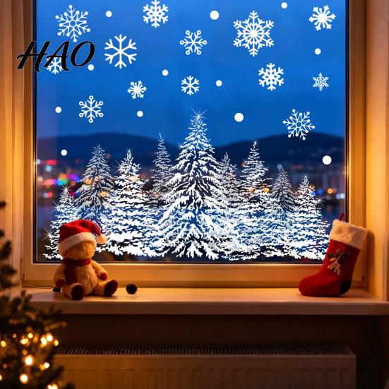 Festive Window Display Christmas Tree Snowflake Static Sticker, Double-sided Cling Decal, Holiday Decals Reusable PVC Glass for Parties Double
