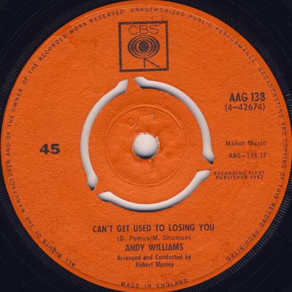 7-дюймовая пластинка ЭНДИ УИЛЬЯМС - Can't Get Used To Losing You AAG138 CBS 1963 UK Поп Б/у