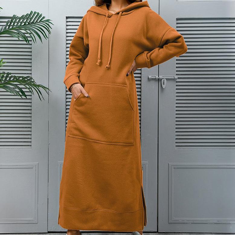 GMXIA Осенне-зимнее свободное трикотажное длинное платье большого размера с капюшоном, толстовка с подкладкой, повседневные модные платья, платья с большими карманами