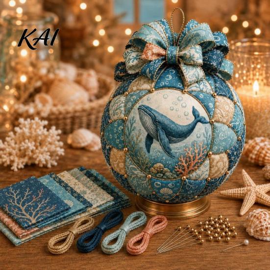 Natural Material Patchwork Ball Ocean Treasures DIY Ornament Kit, Nautical Dolphin Fabric Craft Making Marine Themed Handmade Decoration Set,