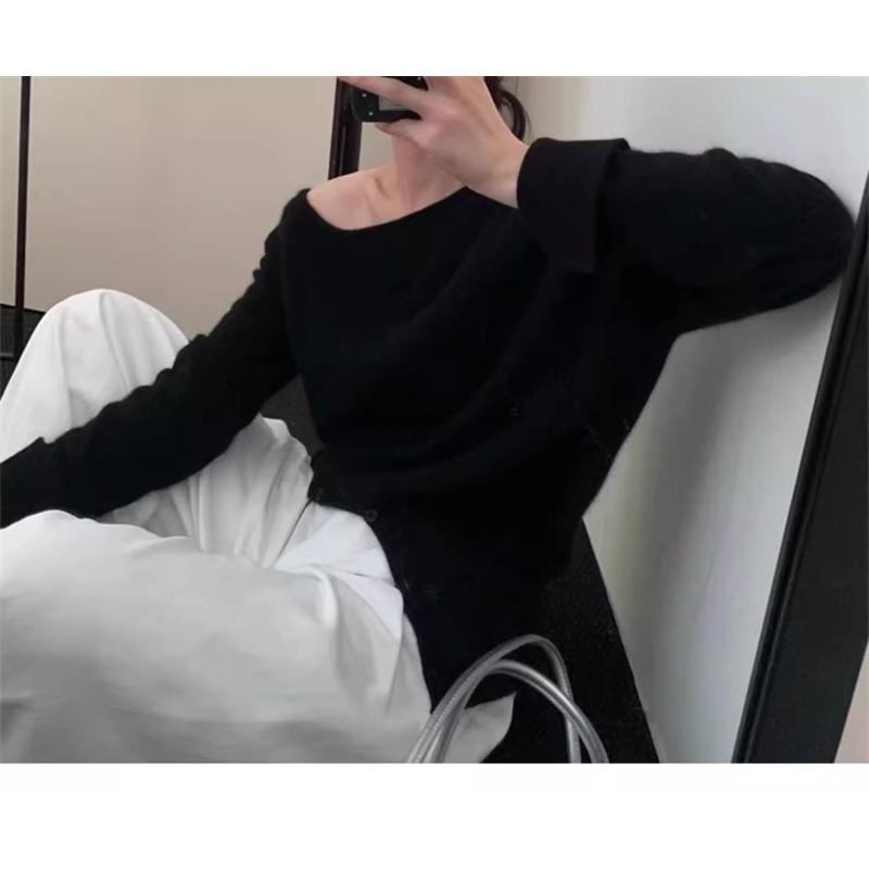 Элегантный Свободный Вязаный Пуловер с Покатым Плечом в Полоску Повседневный Нежный Осенний Женский Модный Топ с Длинным Рукавом Свободный Повседневный Офисный Тонкий