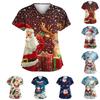 Women's Fashion V-Neck Short Sleeve With Pocket Christmas Print T-Shirt Top