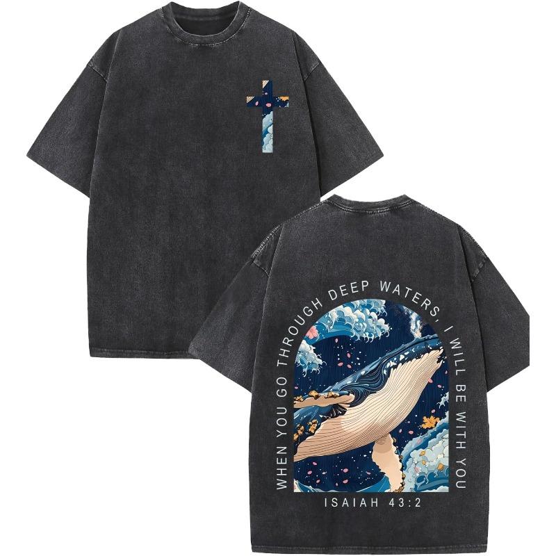 Vintage Washed Christian Whale Wave TShirt Letter Illustrated Style Art Tee Crew Neck Casual ShortSleeve for Men Women