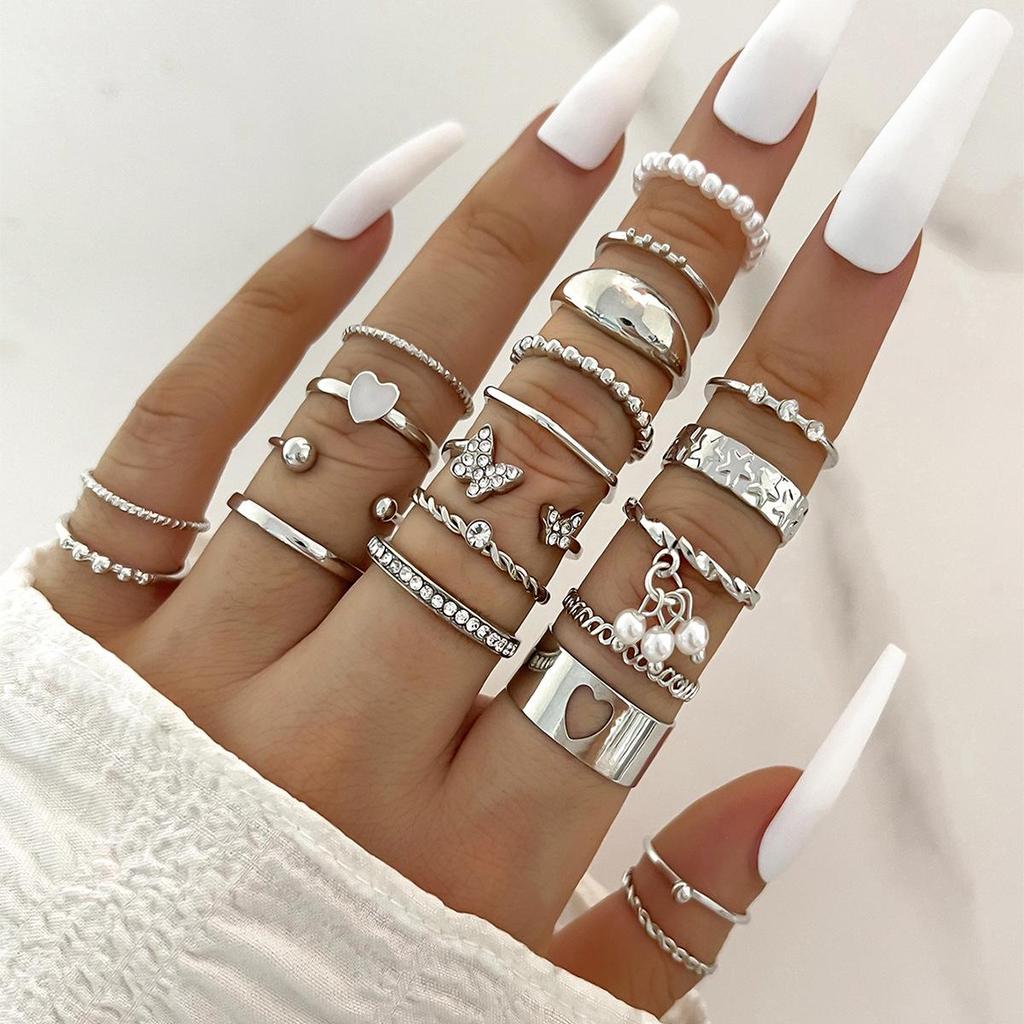 22-Piece Geometric Heart & Butterfly Leaf Ring Set