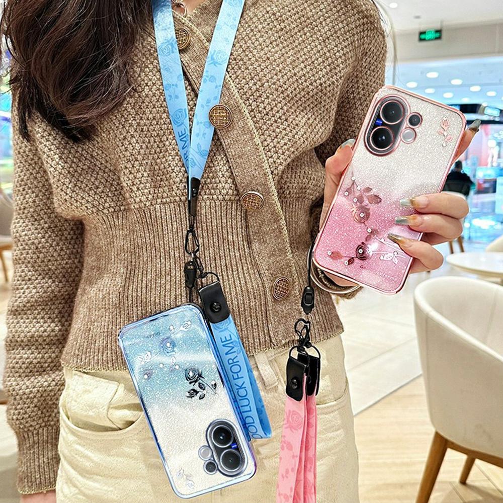 For vivo V60 5G Case Flower Pattern TPU Gradient Phone Cover with Lanyards