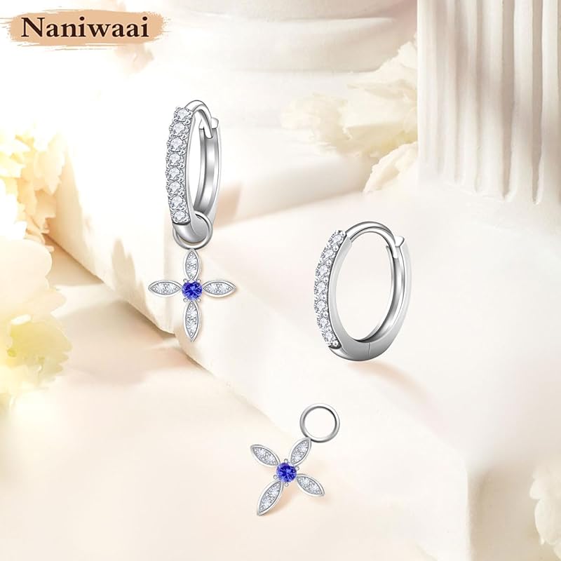 Naniwaai Earrings Ladies December Birthstone Hoop Sway 2Way Flower Woman Silver Compatible with Metal Allergies Cross Adult Accessories Present