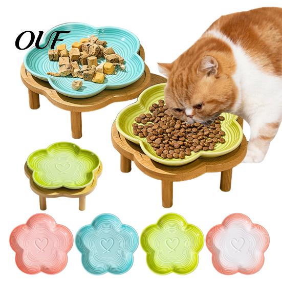 Anti-spill Cat Bowl Elevated Ceramic Pet with Raised Stand, Flower Shape Whisker Friendly Neck Strain Relief Feeder Feeding Plate for Protection, Anti