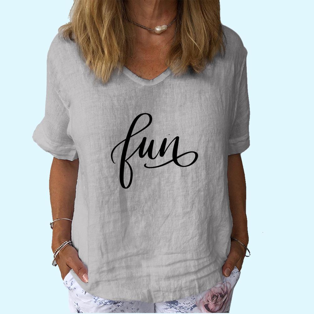 Women Fashion V Neck T-shirt Casual Cotton Linen Short Sleeve Top Ladies Pullover Print Blouse