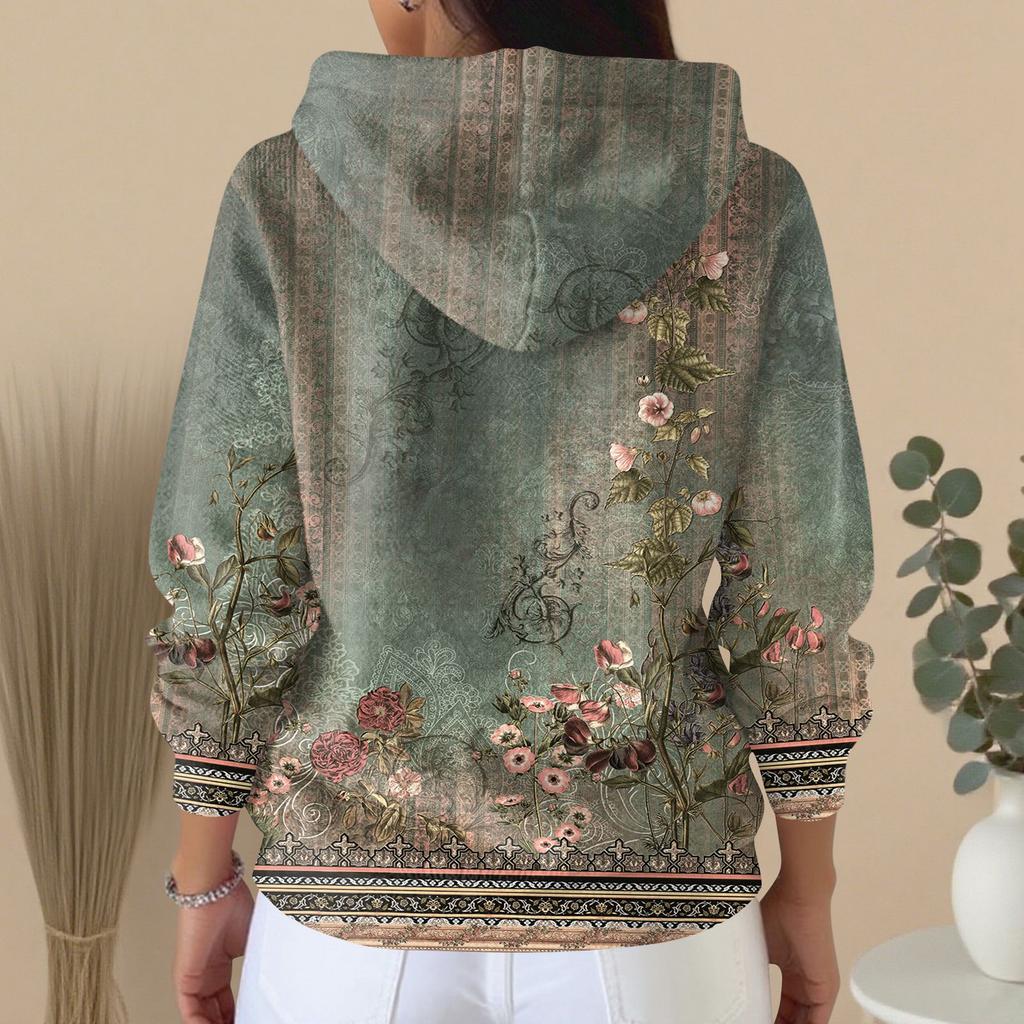 Women's Fashion Casual Sweater Button-Up Print Cardigan Hooded Jacket