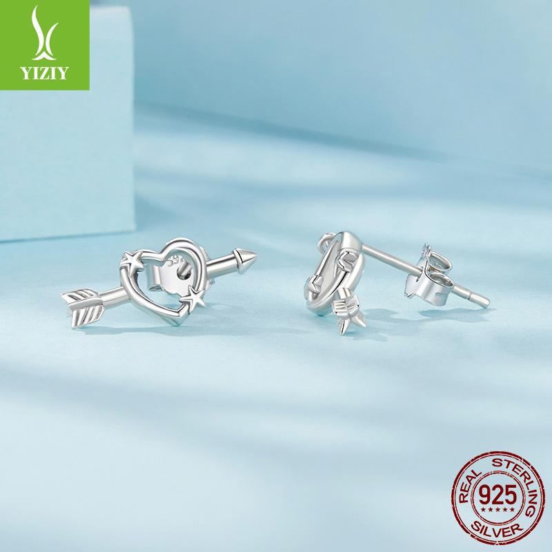 S925 Sterling Silver One Arrow Through Heart Mini Stud Earrings, Love Cupid'S Arrow Stud Earrings
