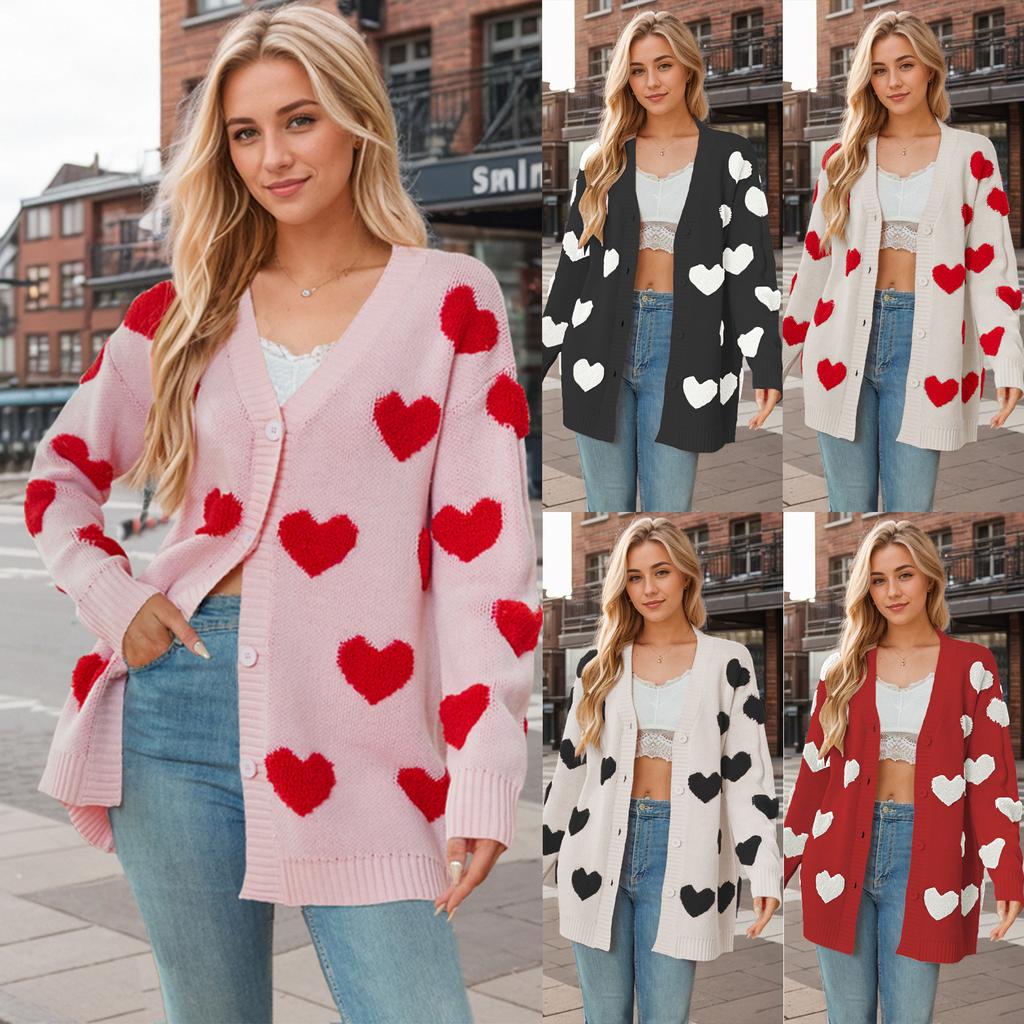Autumn and Winter Women's Plus Size Sweater Valentine's Day Love Knitted Cardigan V-Neck Button Mid-Length Jacket