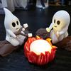Ghost Campfire Gathering Scene Resin 2 Ghosts with Cat/Dog Making Smores Figurine Flickering LED Bonfire Halloween Night Light