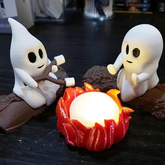 Ghost Campfire Gathering Scene Resin 2 Ghosts with Cat/Dog Making Smores Figurine Flickering LED Bonfire Halloween Night Light