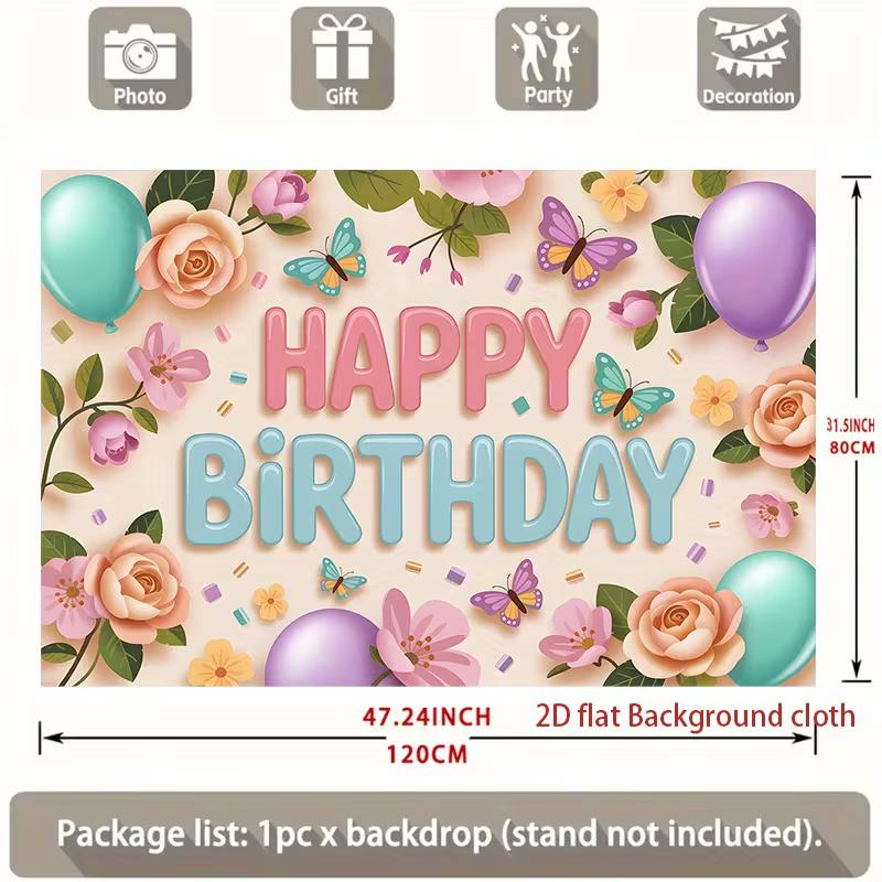 2D Pastel Floral Butterfly Backdrop Happy Birthday for Girls Themed Photo Booth Background