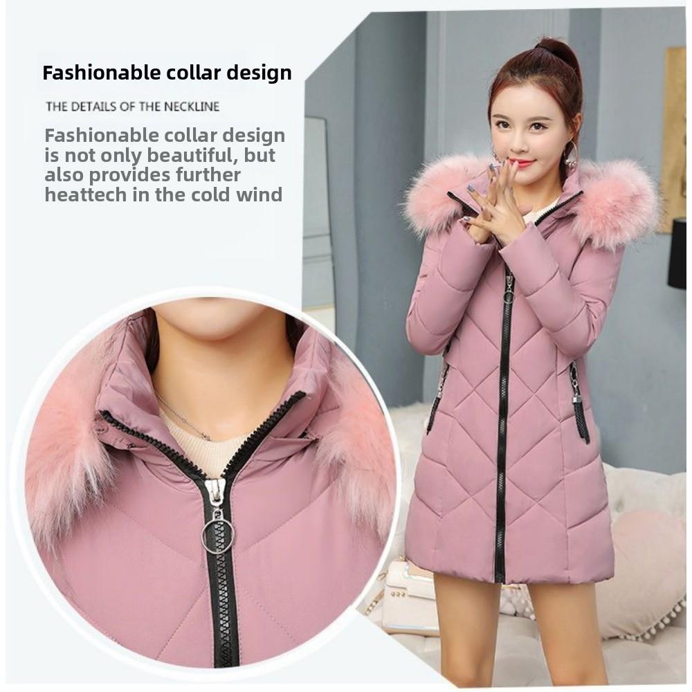 Женская приталенная зимняя одежда в иностранном стиле со большим меховым воротником, средней длины, хлопковая одежда с набивкой, теплая куртка с набивкой из хлопка