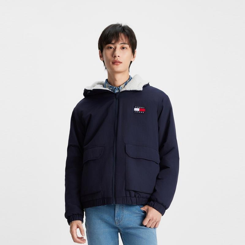 Tommy Hilfiger Модная мужская куртка с капюшоном, приталенная, с блоками контрастных цветов, из искусственного мутона, мужские куртки, красный, белый, синий, XJ0XJ00881