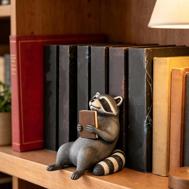 Book-Holding Plastic Raccoons Figurine Shelf Sitter with Sitting Form and Gray-and-Black Detail, a Reading-Themed Accent for Desks, Bookshelves