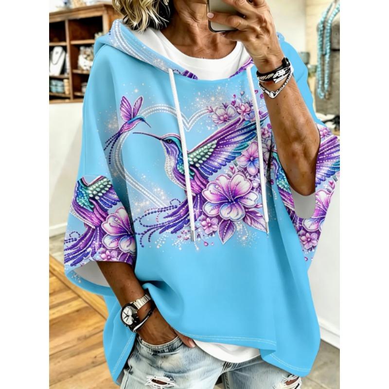 Plus size women's hooded top, black retro moon star print, loose dropped sleeves, hoodie