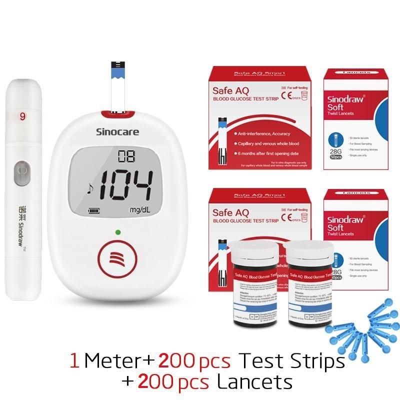 Sinocare Безопасный монитор уровня глюкозы в крови AQ-Voice с 25/50/100/200 тест-полосками и ланцетами для диабета с голосовым напоминанием, высокая точность