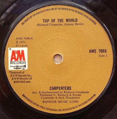 7-дюймовая пластинка CARPENTERS - Top Of The World AMS7086 A&M Records 1973 UK Рок Б/у
