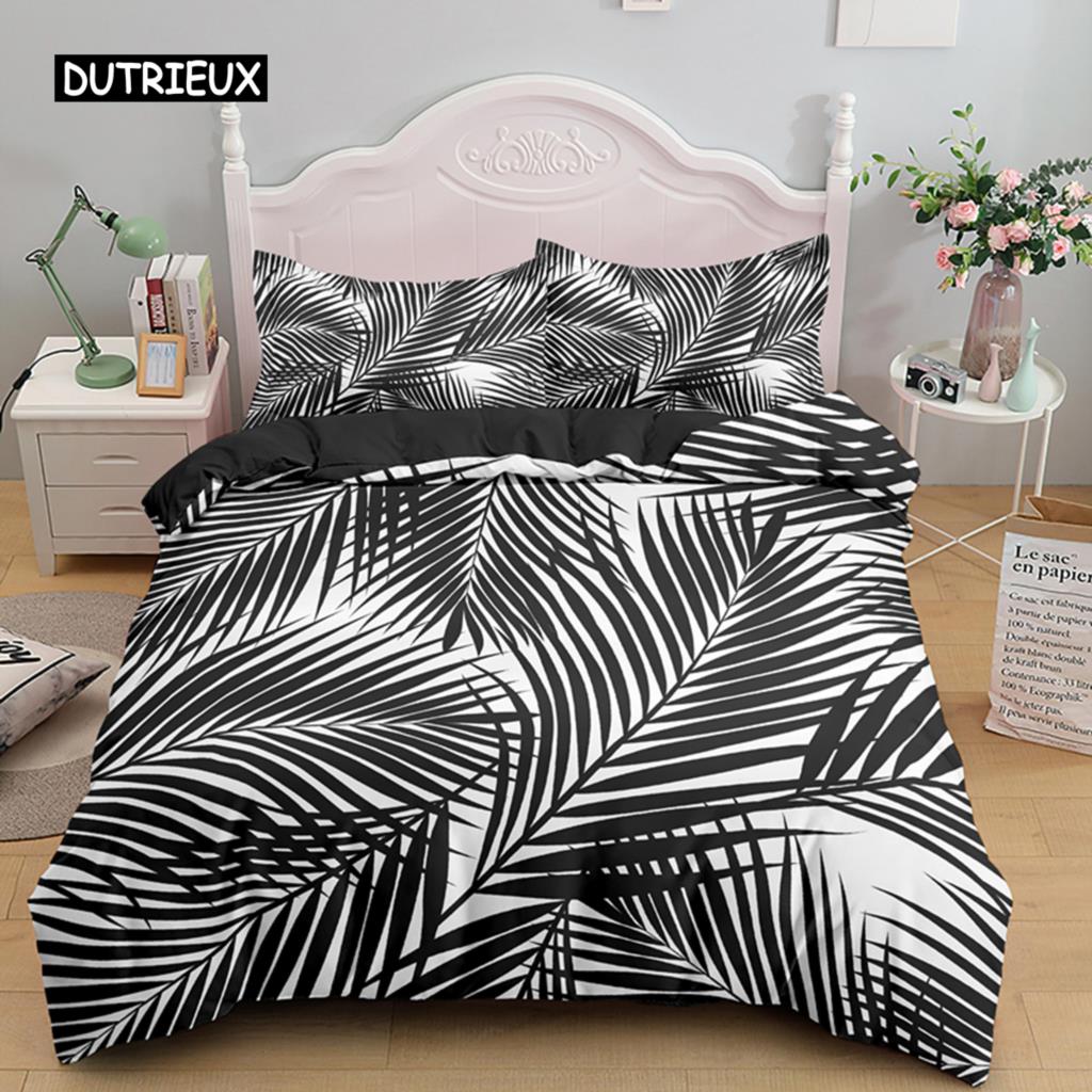 Тропические Ботанические Листья King Size Queen Size Пододеяльник Зеленые Пальмовые Листья Премиум Полиэстер Комплект Постельного Белья для Детей Подростков Взрослых с Наволочкой