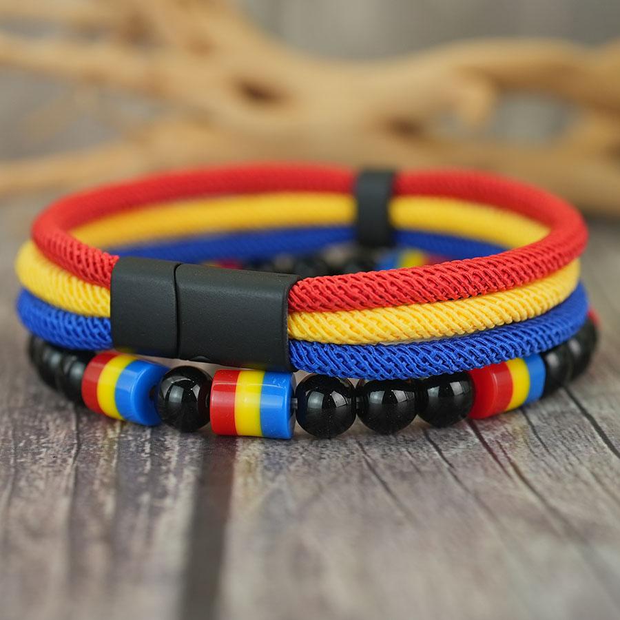 New Creative National Flag Color String Bracelet For Men 8mm Obsidian Strand Braslet Grade A 4mm Cord Chain Wrap Braclet Homme