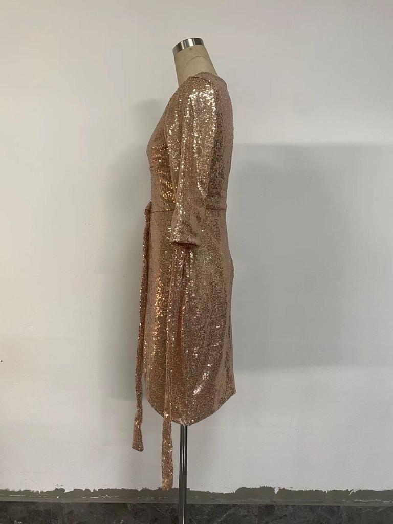 Sexy Long-Sleeve Sequin V-Neck Tie-Up Dress