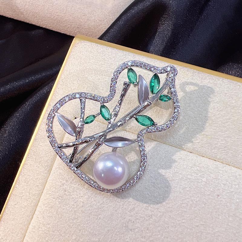 Chinese Style Gold-Plated Gourd and Bamboo Brooch with Zircon and Pearls