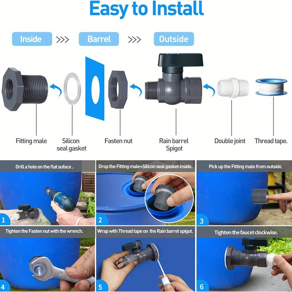 Комплект крана для ПВХ бочки для воды с универсальным соединителем и настенным креплением для удобного использования в саду